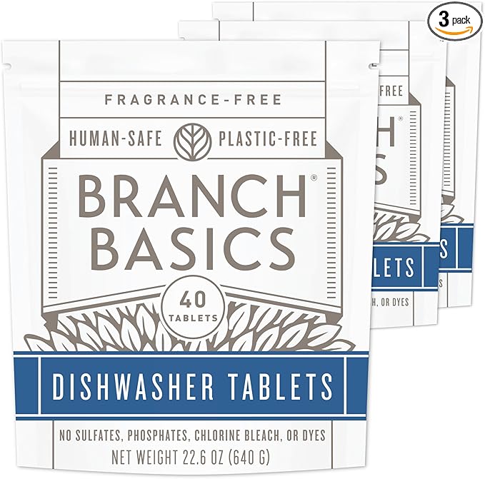 Branch Basics Dishwasher Tablets – 40 Ct, 3 Pack | Plastic-Free, Fragrance-Free, Human-Safe | Delivers a Powerful Clean Without Harsh Chemicals