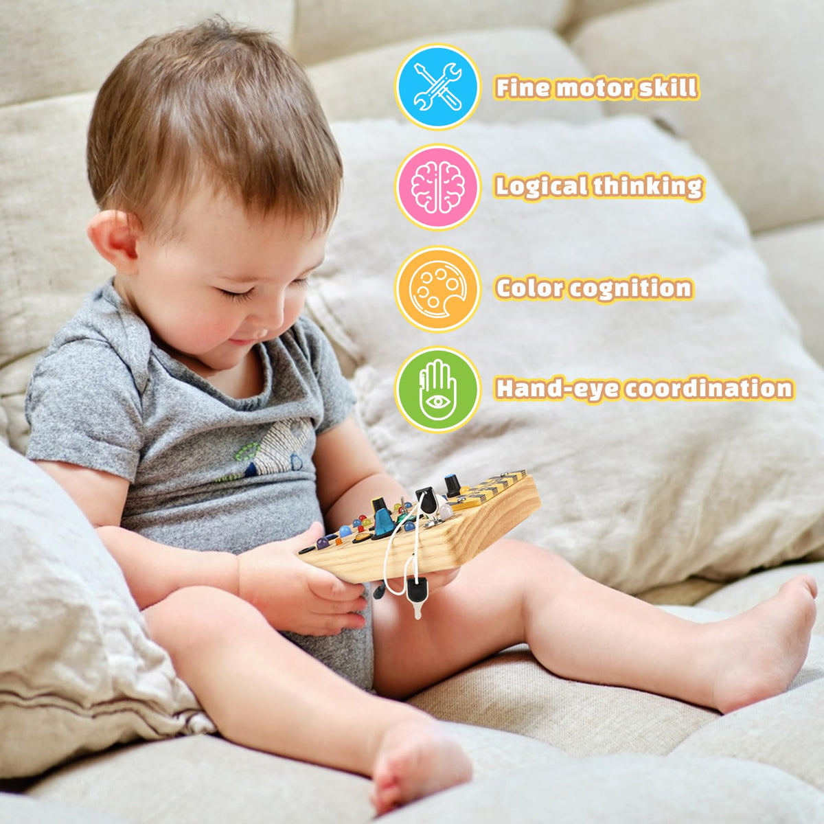 Joyreal Montessori Busy Board Wooden Sensory Toys for Toddler with LED Light Up Switch, Baby Fidget Board Travel Toys for 18+ Months, 1 2 3 Year Old Boys Girls Toddler Toy Gifts (Classic)
