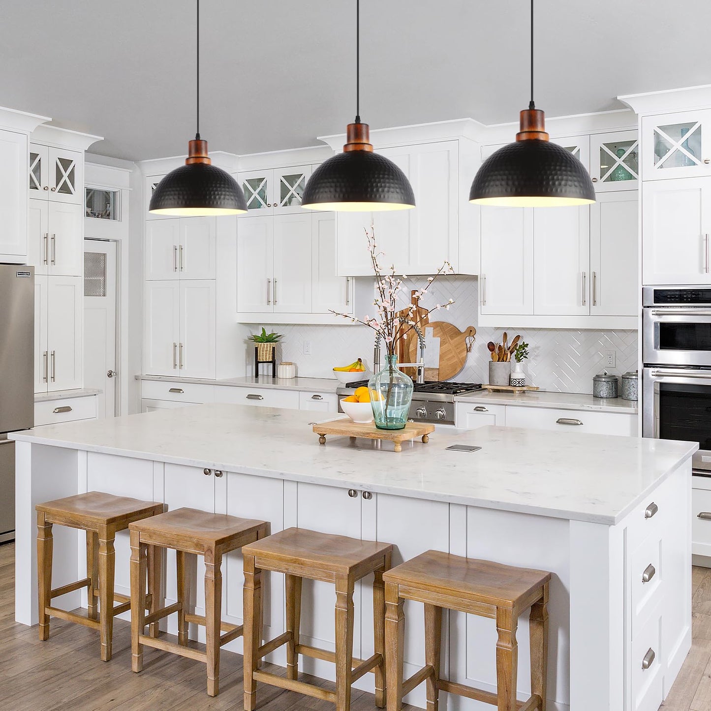 Mgcanyu Solid Wood Pendant Lights 3 Pack, 11.8" Modern Matte Black Dome Hammered Metal Hanging Ceiling Light Fixtures Industrial Lighting for Kitchen Island Dining Living Room Restaurant Farmhouse