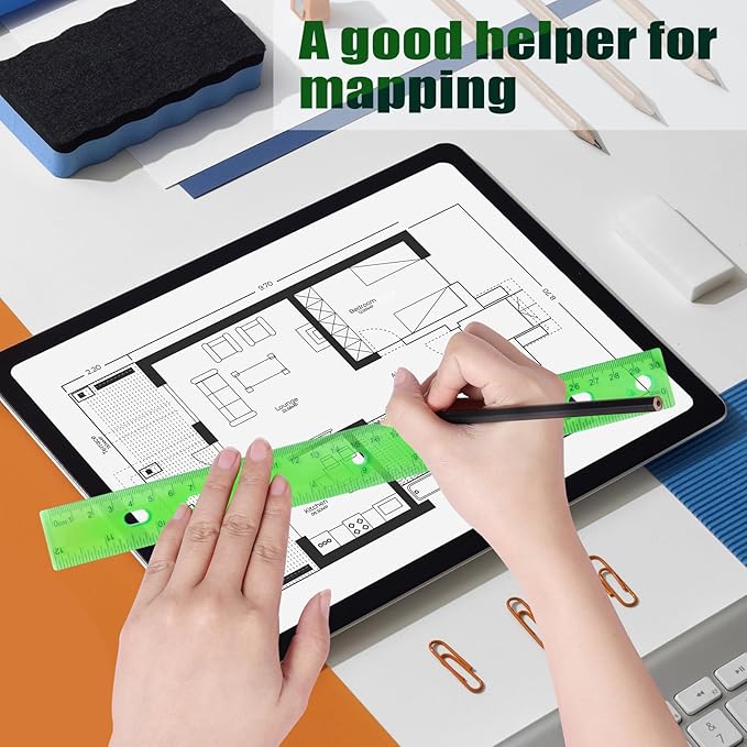 28 Pack Plastic Ruler 12 Inch Transparent Rulers - Metric Bulk for Kids School Office Classroom, Green