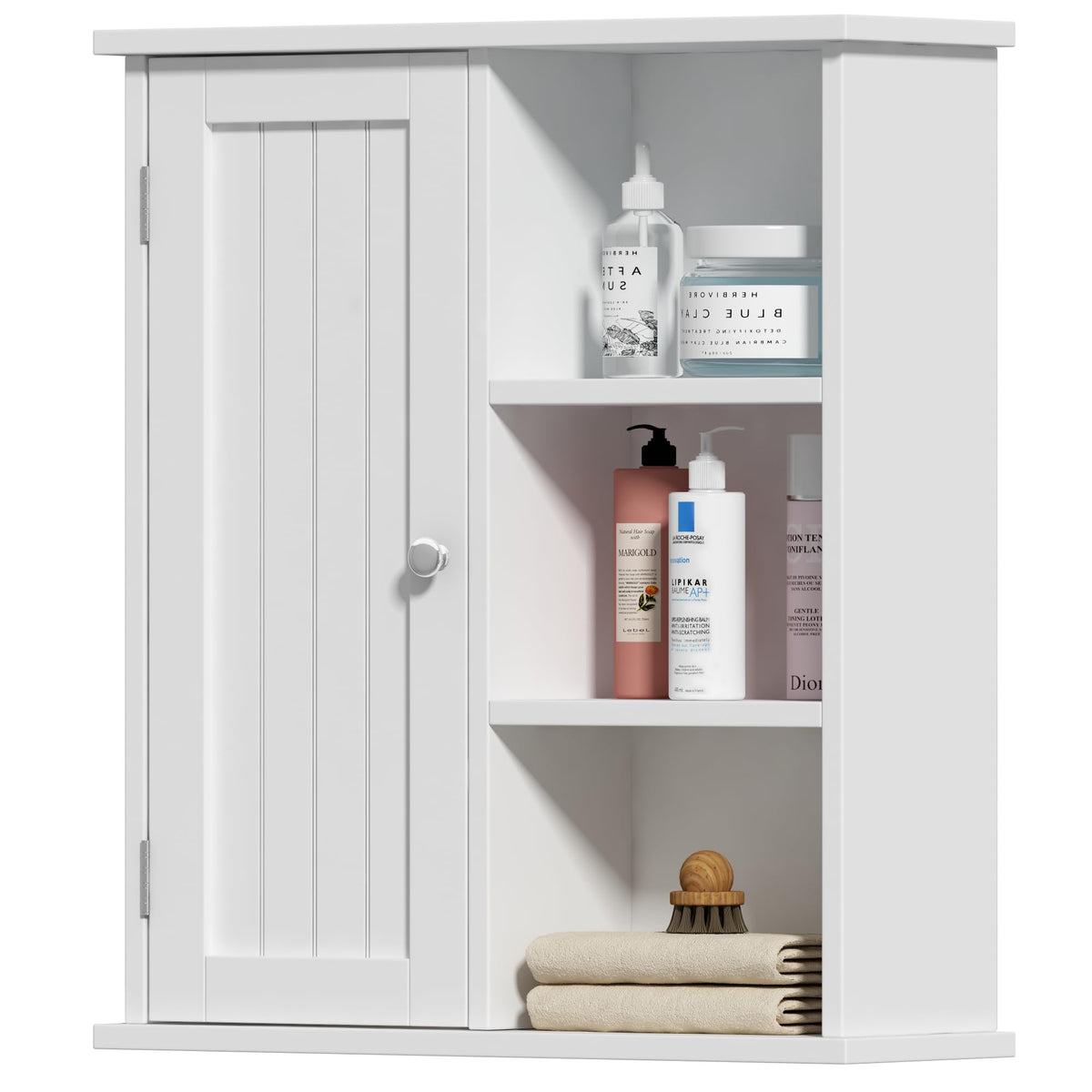 Treocho Bathroom Wall Cabinet, Medicine Cabinet with Door and 3 Open Shelves, Wall Mounted Storage Organizer for Bathroom, Kitchen, Living Room, White