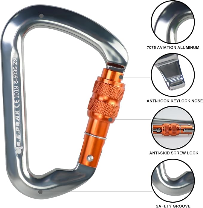 SEPEAK UIAA 30kN Locking Climbing Carabiner, Professional Heavy Duty Screwgate Clip for Outdoor Climbing, Mountaineering, Rappelling, Camping, Hiking, Swing,Large D Carabiner Hook/6744lb