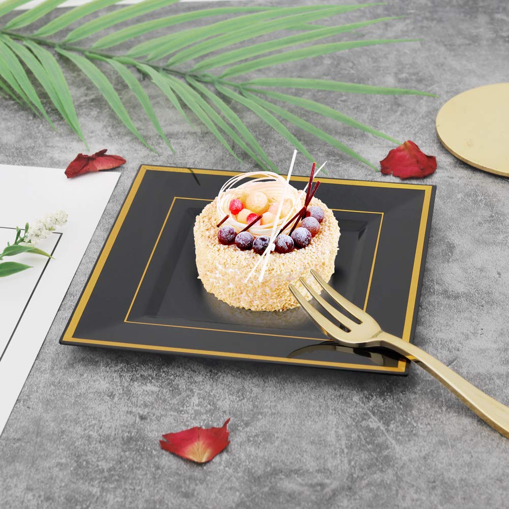 bUCLA 100PCS Black Square Plastic Plates with Gold Rim - 6 inch Disposable Dessert/Appetizer/Small Cake Plates for Party, Graduation & New Year