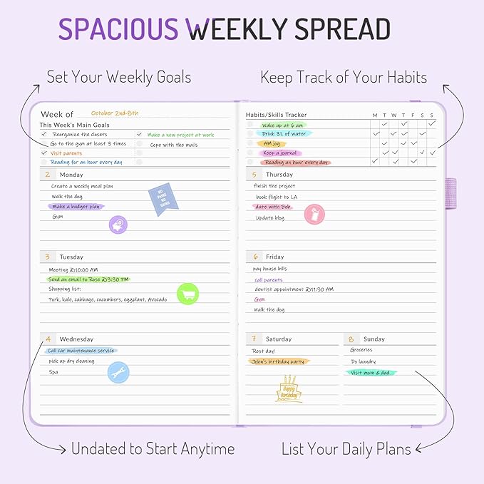 Undated Weekly Planner for 2025, Forvencer Simplified Weekly & Monthly Calendar Planner, Cute Daily Organizer Notebook, Agenda Journal to Track Goals & Tasks, Start Anytime, A5 Size, Navy Blue