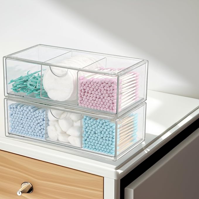 Set of 2 Stackable Storage Drawers - 7.8" Clear Plastic Drawer Storage, Acrylic Makeup Organizer, Desk Counter Cabinet Office Organizer, Bathroom Organizers and Storage (3 Grid/Set of 2)