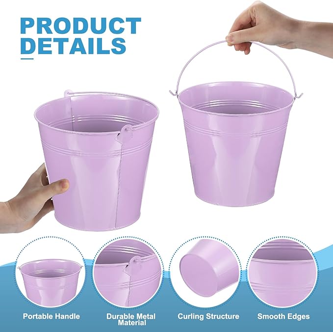 PATIKIL 7"x6.4" Small Metal Buckets with Handle, 6 Pcs Mini Bucket Colorful Easter Buckets for Crafts Party Favors Decoration, Green/Yellow/Orange/Blue/Light Purple/Dark Purple