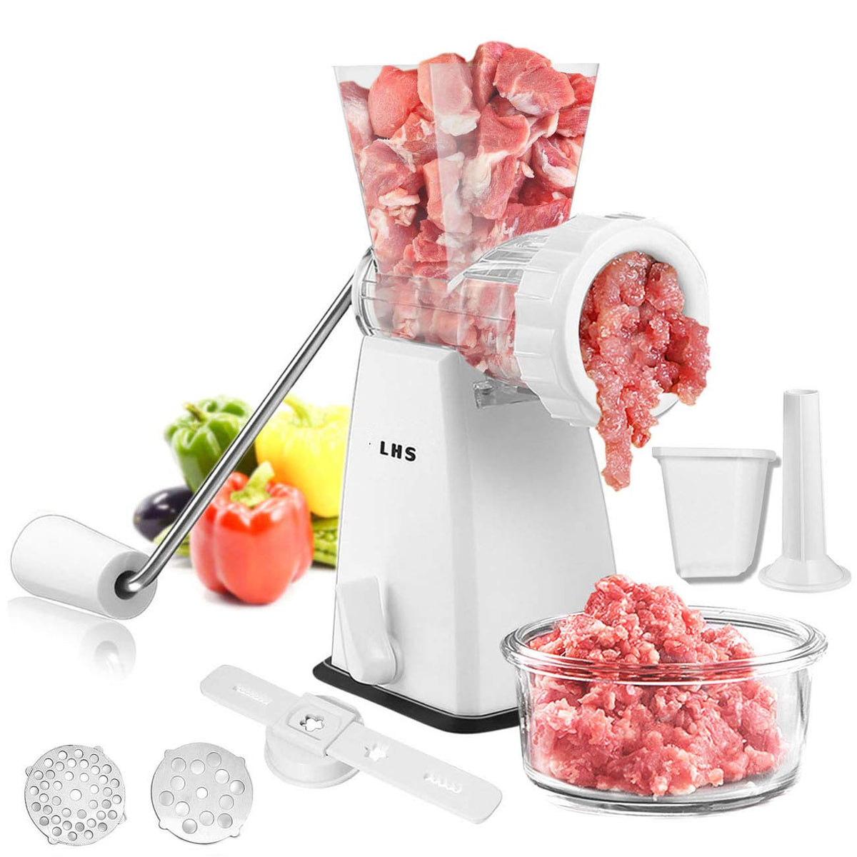 LHS Manual Meat Grinder with Stainless Steel Blades Heavy Duty Powerful Suction Base for Home Use Fast and Effortless for All Meats-White
