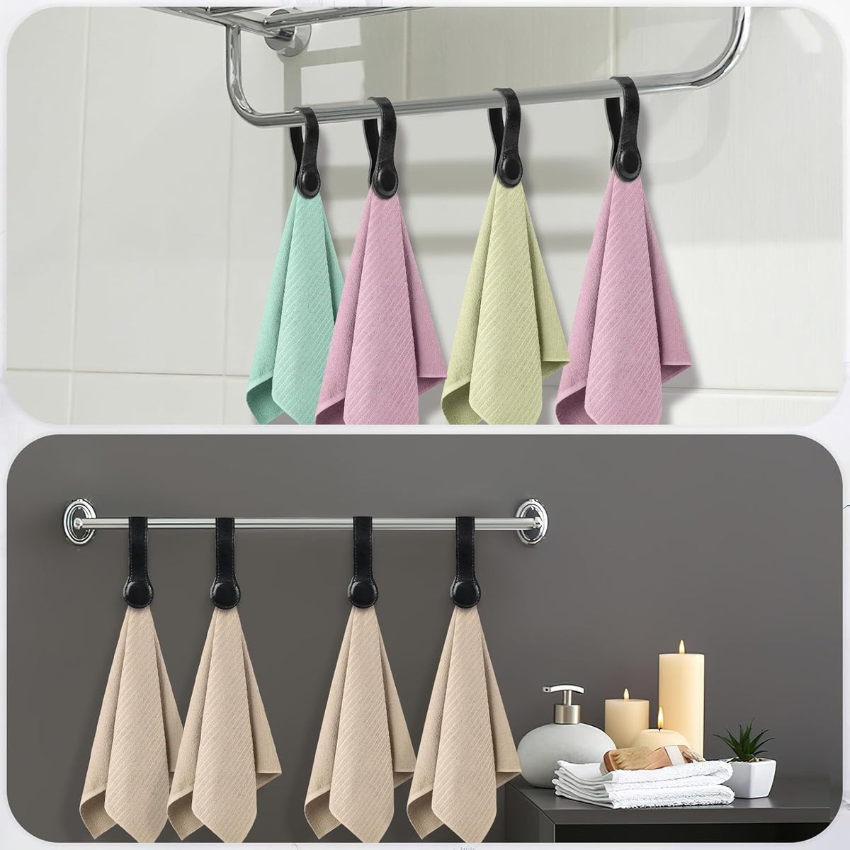 4 PCS Genuine Leather Towel Clips for Kitchen, Magnetic Hand Clips, Towel Holder with Magnet for Rods and Racks, Bathroom Accessory (Black)