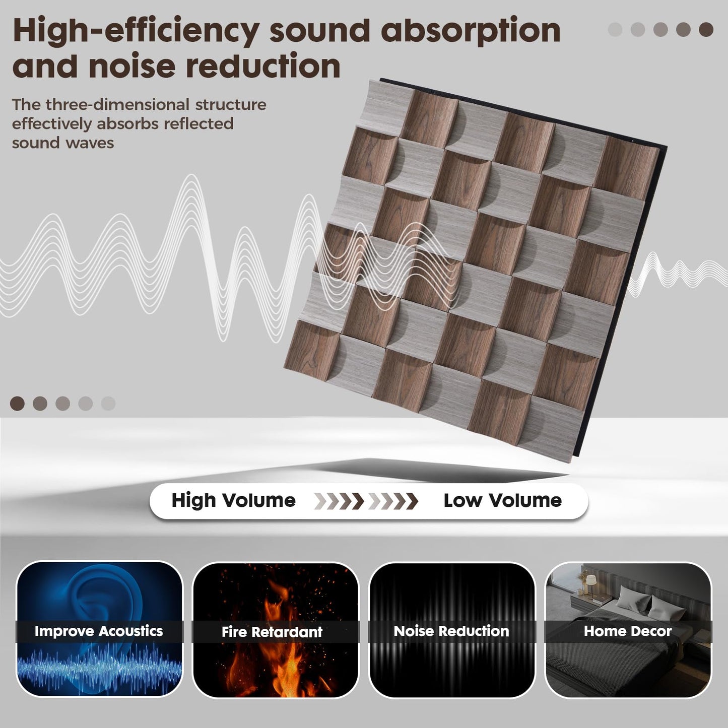 TREKATL AUTO 4 Pcs Acoustic Wood Slat Panels, Fluted Wood Panel Sound Absorbing Panel for Bedroom, Office, Interior Decor, 23.6"x23.6"(15.5ft²), Black Walnut Wood+Silver Oak (3D Concave Convex)