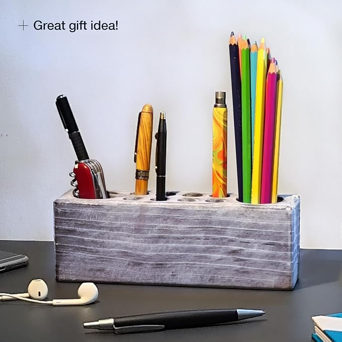 Whitewashed Wooden Pen Holder, Grey Solid Wood Desk Organizer, Rustic Paint Brush Holder and Art Supplies Organizer