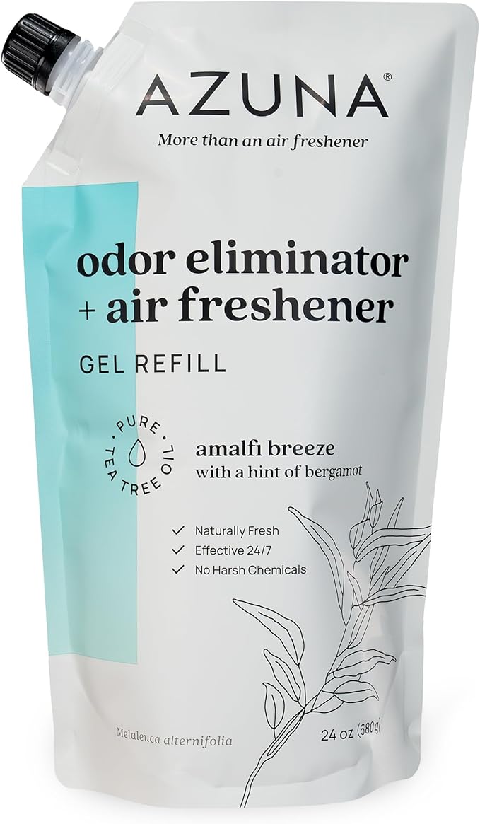 Azuna All-Natural Odor Remover Gel Refill Pouch | Air Purifier with Tea Tree Oil | Plant-Based & Long Lasting | For Pet Odors, Smoke & Strong Odors | Amalfi Breeze, 24 oz.
