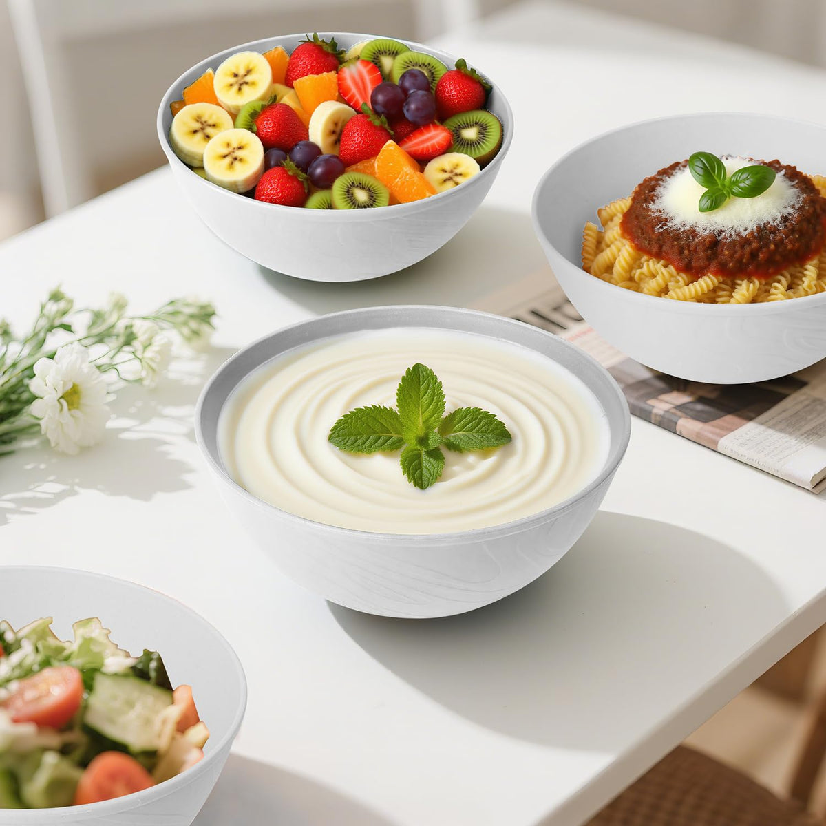 Perlapoc Wheat Straw Cereal Bowls 40 OZ, Unbreakable Bowls Set of 6, Microwave & Dishwasher Safe Bowl for Kitchen, Reusable Plastic Bowl for Cereal, Soup, Salad and Ramen, White