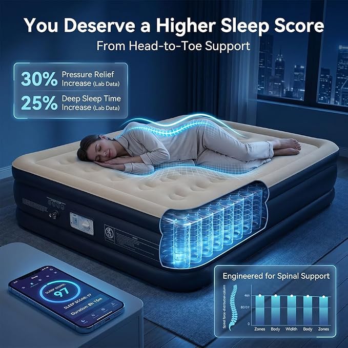 SENNOUL Air Mattress Queen with Built in Pump, Inflatable Mattress Blow Up Mattress 16 Raised Comfort,Upgraded Surface Portable Bed, Air Bed for Home, Guest, Camping, Colchone Inflable, 650 lbs