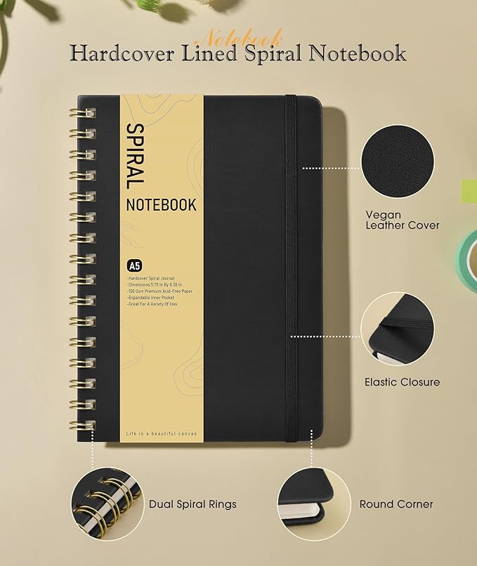 Graph Spiral Journal Notebook, A5 Hardcover Spiral Journals for Women Men, 100 GSM Graph Paper Notebooks, 150 Pages Spiral Bound Grid Notebook for Writing Note Taking Work 5.75" x 8.38" Black
