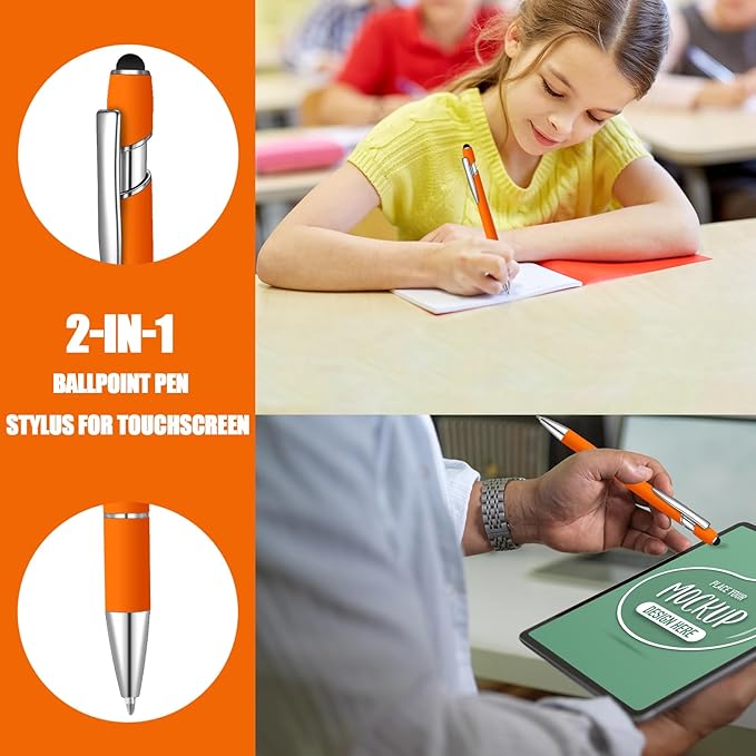 24 Pcs Blue Ink Ballpoint Pen with Stylus Tip 2 in 1 Ballpoint Pen 1.0 mm Blue Ink Metal Stylus Pen for Touch Screens Coworkers, Family, Colleagues, Office (Orange)