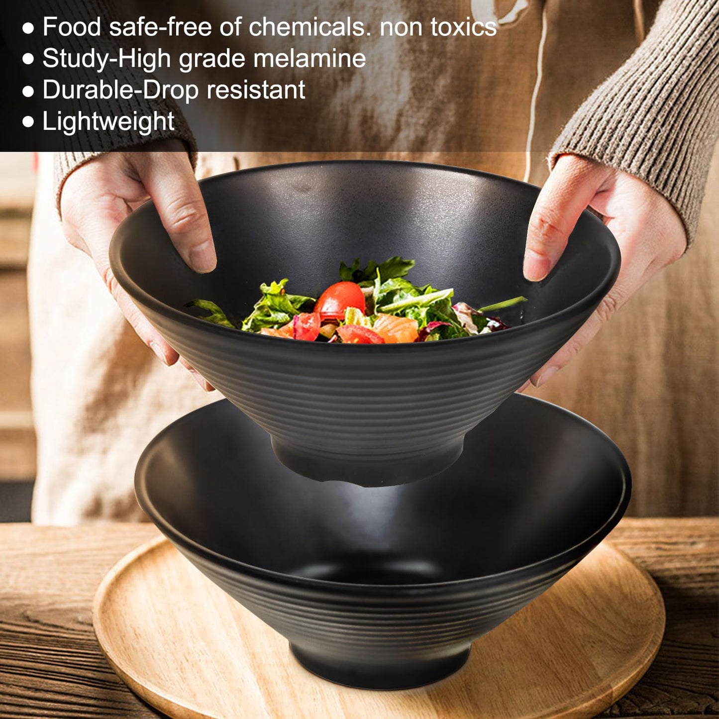 Greentainer 54oz Ramen Bowl Set of 4, Melamine Large Japanese Style Noodle Soup Bowls Set with Spoons and Chopsticks for Udon, Pho, Noodles, Pasta, 10" Asian Dishes Black Large Bowl | Dishwasher Safe