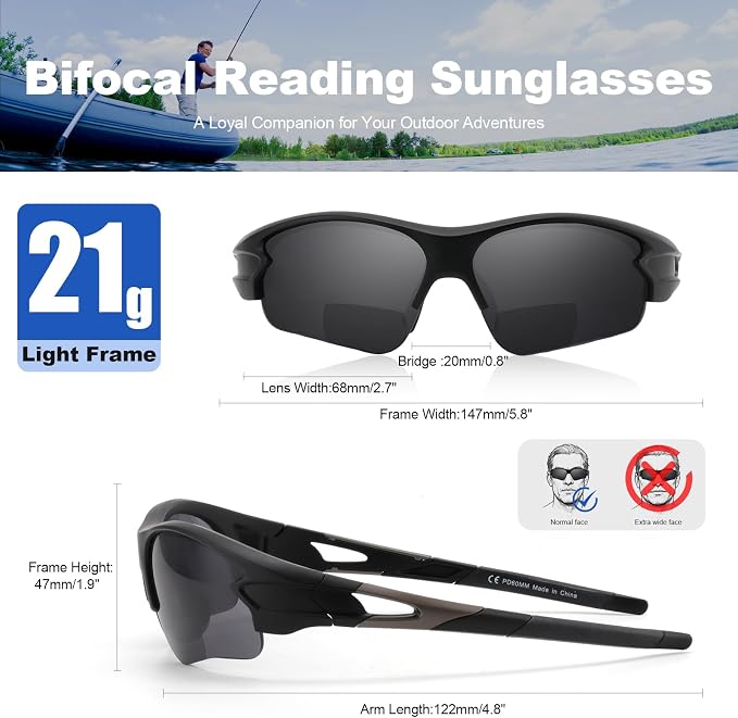 Attractive Bifocal Reading Sunglasses for Men, Durable TR90 Semi Rimless Wrap Around Design Sun Readers, UV400 Near-Far Sun Glass Built in Outdoor Sports/Driving/Finshing Dark Glasses, +1.75
