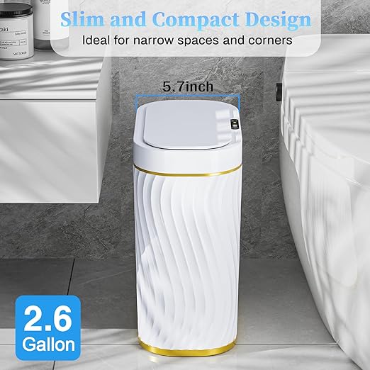 Bathroom Small Trash Can with Automatic Touchless Lid, 2.6 Gallon Smart Garbage Can Narrow Waterproof Trash Bin for Bedroom, Office, Living Room