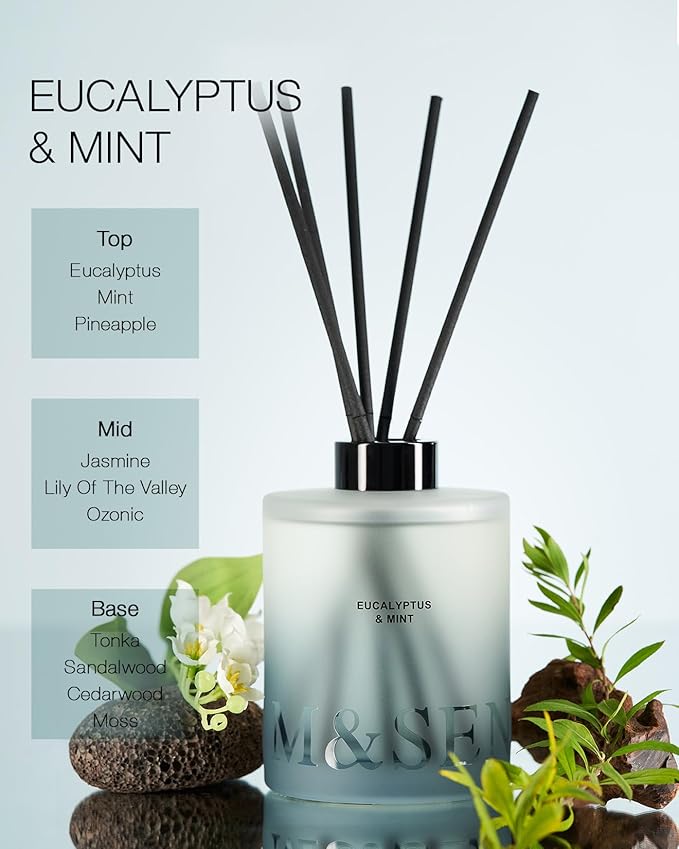 M&SENSE Eucalyptus Mint Reed Diffuser Set - 16.9 fl oz Long-Lasting Fragrance, Non-Toxic Scent Diffuser with Natural Oil Sticks | Housewarming Diffuser Gift for Mothers Day, Bathroom & Home Decor