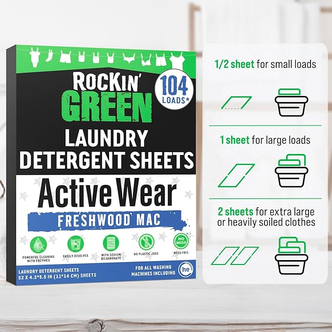 Rockin' Green Active Wear Travel Laundry Detergent Sheets - Mess-Free Laundry Sheet Detergent with Sodium Bicarbonate - Easily Dissolvable Laundry Soap Sheets (104 Loads, Freshwood Mac)