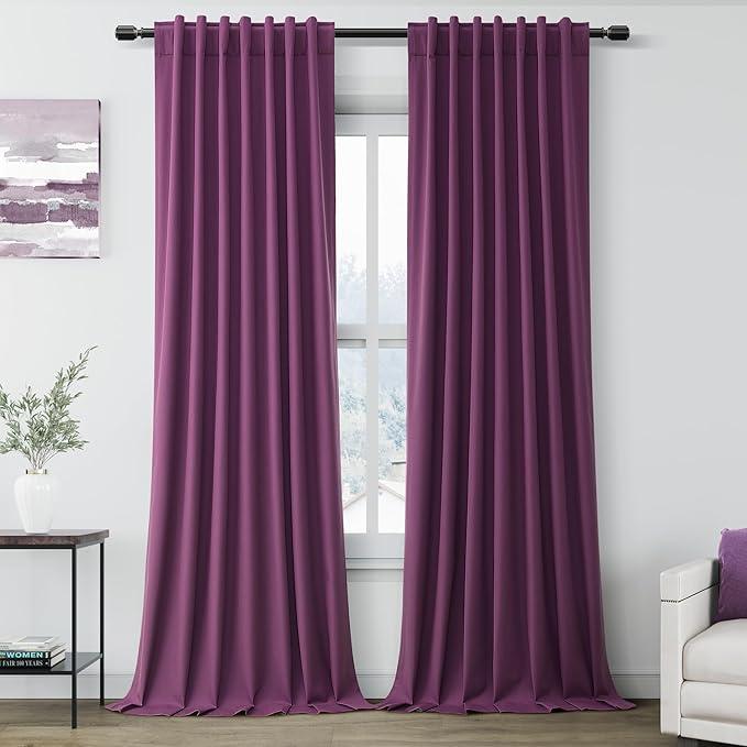 Blackout Purple Linen Curtains 96 Inches Long Back Tab Heat Reflective Full Light Block Out Curtains 2 Panels for Bedroom Windows Textured Draperies with Liner Floor to Ceiling Length 8 Ft 52x96