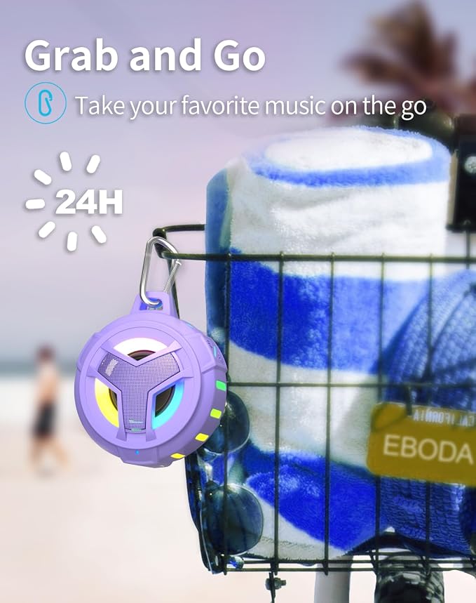 EBODA Bluetooth Shower Speaker, IP67 Waterproof Portable Wireless Small Speakers, Floating, 24H Playtime for Home, Beach, Pool, Kayak, Hiking, Boat Accessories, Gifts for Women, Girls - Purple