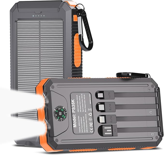 Power Bank 2 Pack, Portable Wireless Charger +Solar Battery Pack with 4 Built-in Cables & 4 Foldable Panels for Outdoor Camping