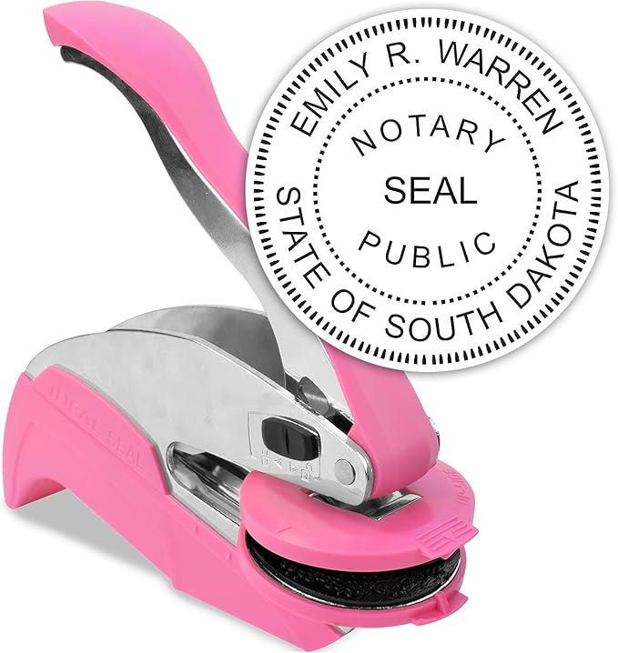 MaxMark Notary Seal Round Pink Embosser for South Dakota State - Includes Gold Burst Seal Labels (50 Count)