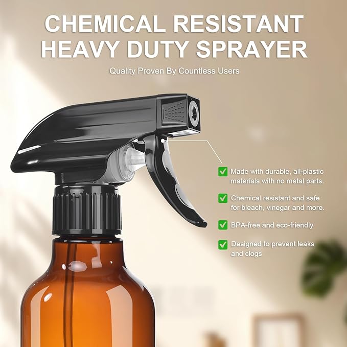 Spray Bottles 2-Pack, 10 Oz, Mist & Stream, Heavy Duty Spraying Empty Water Sprayer Bottle, BPA Free Plastic Refillable Containers for Cleaning Solutions, Plants, Hair, Essential Oils (Clear & Amber)