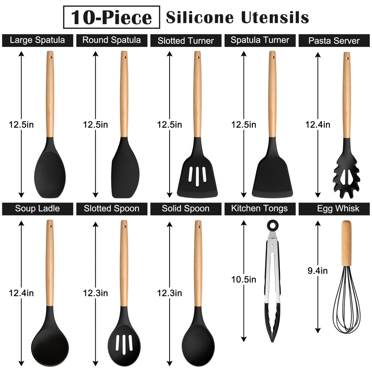 E-far Silicone Cooking Utensils Set, 10-Piece Black Kitchen Utensils Set with Wooden Handle for Nonstick Cookware, Heat Resistant Kitchen Nonstick Tools Spatula Whisk Tongs Ladle, Non-toxic & Healthy
