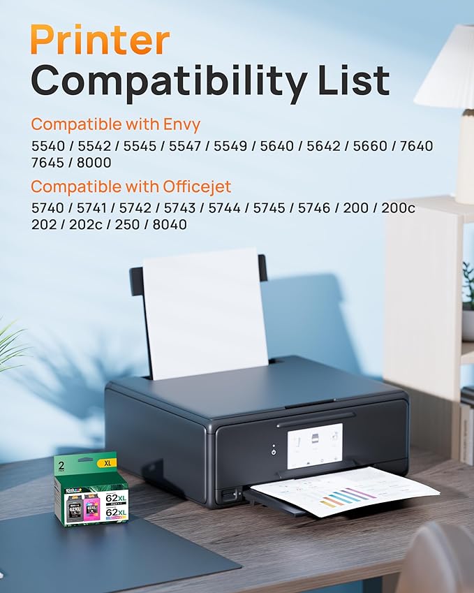62XL Ink Remanufactured Ink Cartridges for HP 62 Ink 62XL Ink Cartridges Black and Color High Yield Use with HP Envy 5540 5640 5660 7644 OfficeJet 5740 5741 8040 200 250 Series Printer(2-Pack)