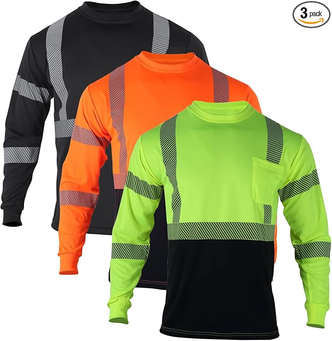 VENDACE 3 Pcs Safety T Shirts Reflective High Visibility Hi Vis Long Sleeve Construction Work Shirts for Men (Mixed,XL)
