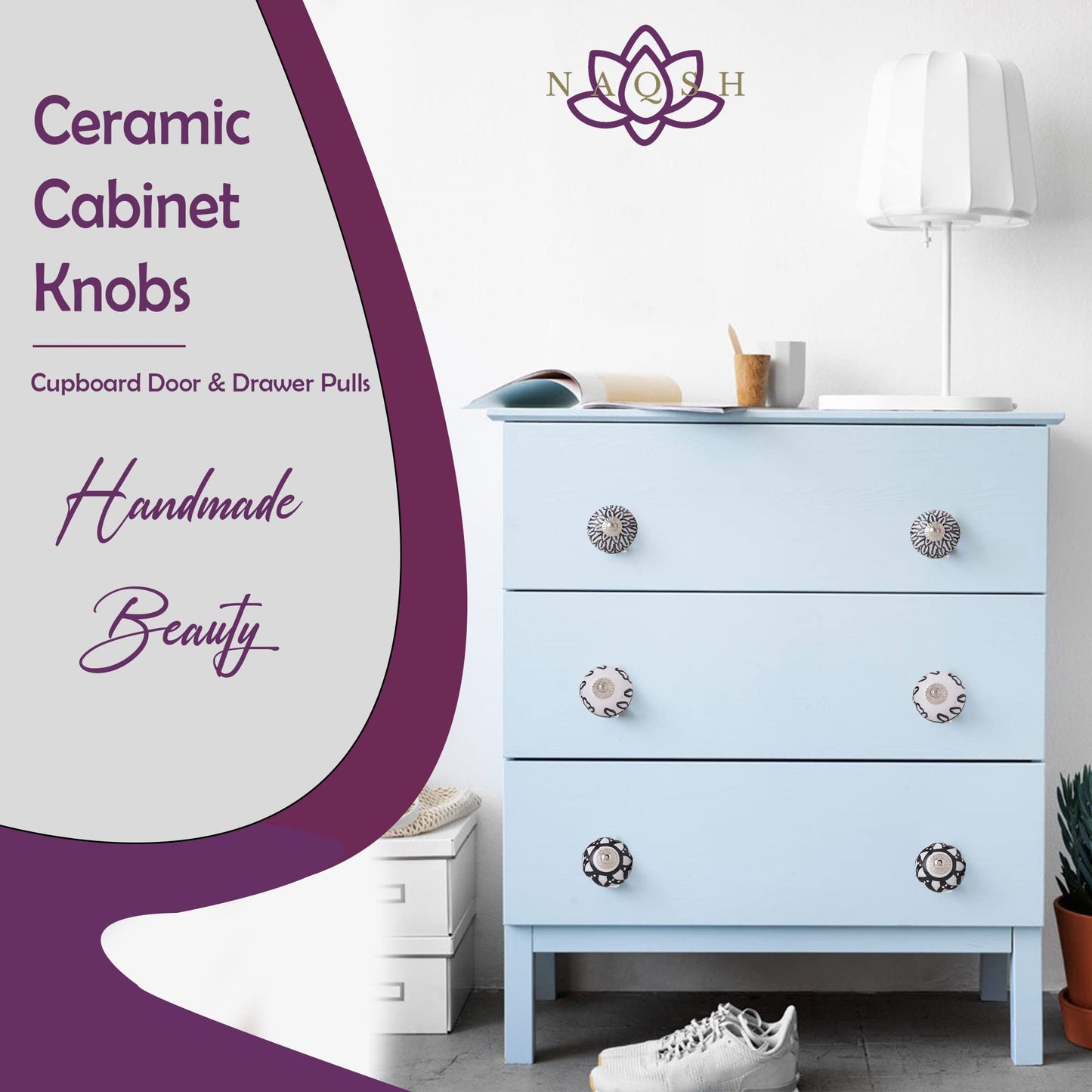 NAQSH Ceramic Cabinet Knobs Kitchen Drawer Knob Handpainted Cupboard Door & Drawers Pulls (Black & White, 12)