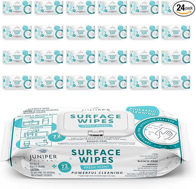 24 Pack Surface Cleaning Wipes Bleach Free, All-Purpose Cleaner for Bathroom, Kitchen, Office, 1728 Count Soft Flow, Fresh Scent, Bleach Free, Lint Free, Durable