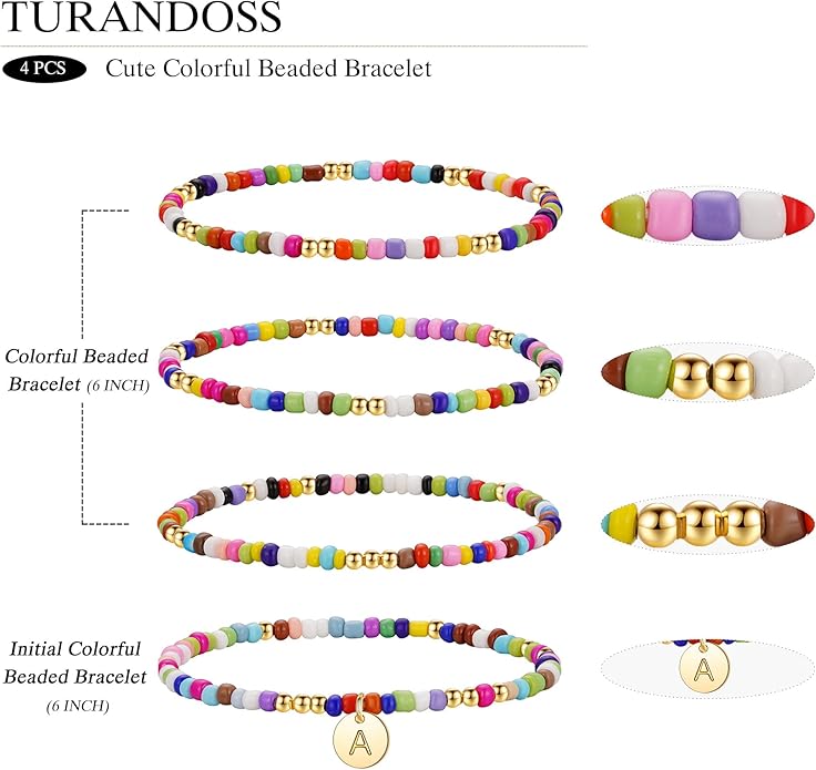 Turandoss 4PCS Colorful Beaded Initial Bracelets for Women Teen Girls - Cute Stretch Beaded Bohemian Disc Initial A-Z Stackable Bracelets Jewelry for Girls Women Teens Birthday Gifts
