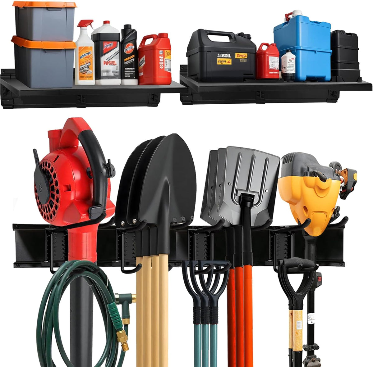 Heavy-Duty Garage Wall Storage System | Wall Mounted Tool Organizer Rack with Shelving | 12-Piece Mounting Kit | 6x10â Double-Layered Hooks & 2x24â Floating Utility Shelves