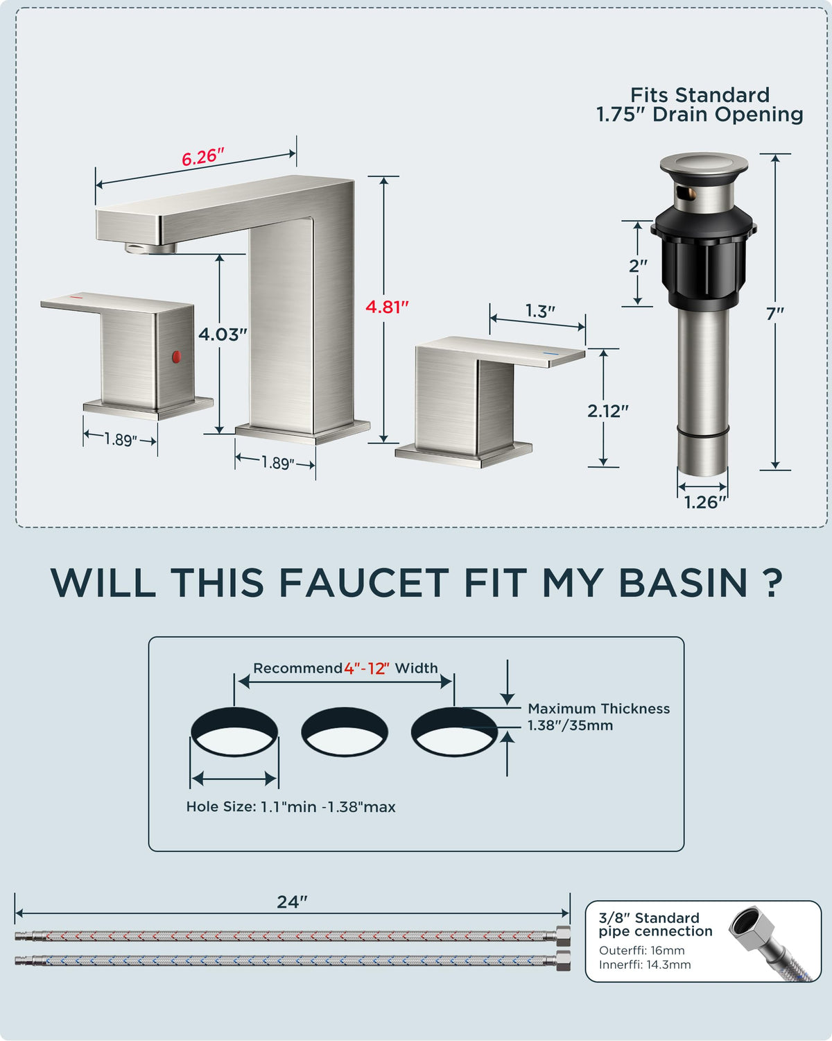 FORIOUS Chrome Bathroom Faucet 3 Hole, 2 Handle Polished Chrome 8 in Widespread Lavatory Faucet for Bathroom Sink with Pop up Drain, CUPC Supply Hose and Spare Water Saving Aerator