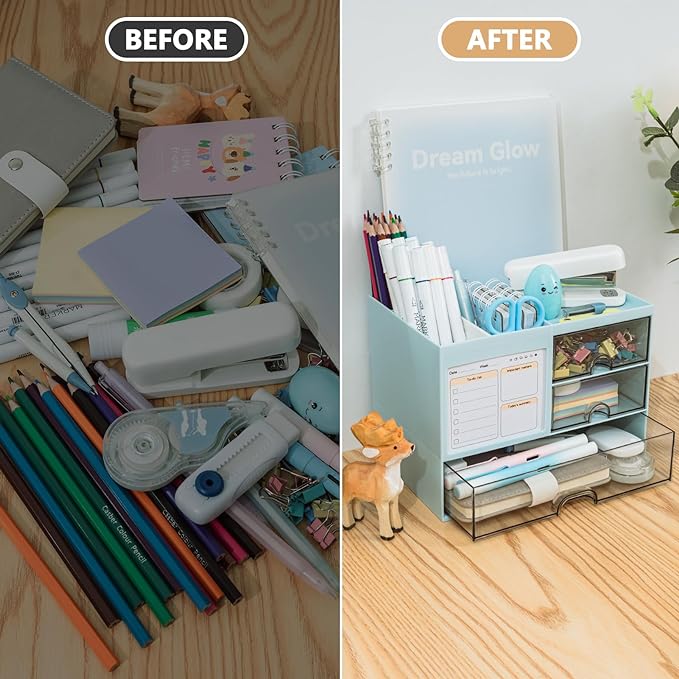 Desk Organizer with 3 Drawer, Multi-Functional Pencil Pen Holder for Desk, Desk Organizers and Storage with 8 Compartments, Desktop Organizer for Office Home Art Supplies (Blue)