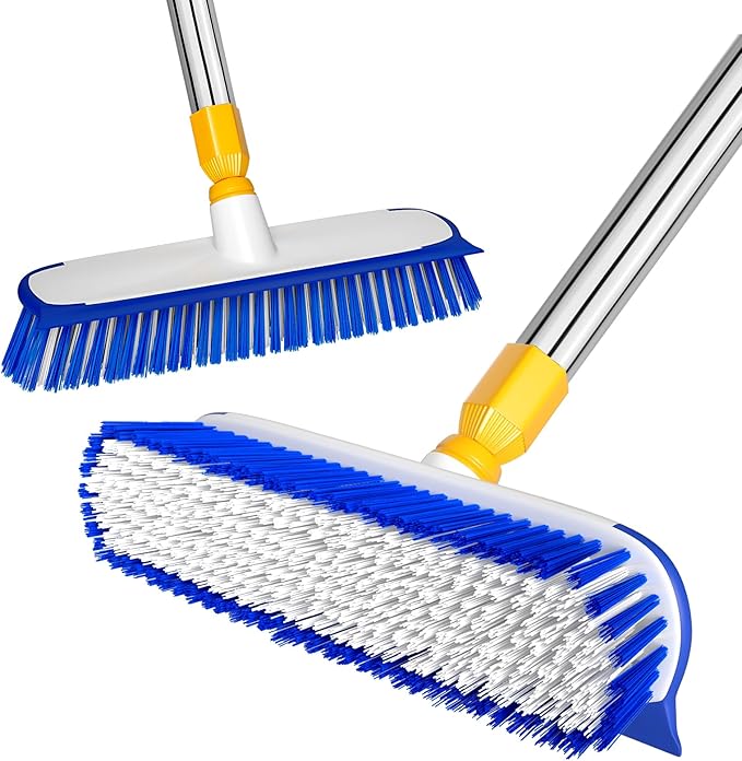 ITTAR 12" Wide Floor Scrub Brush with Long Handle, 2-in-1 Deck Cleaning Brush with 55" Extendable Pole, Heavy-Duty Tub Tile Scrubber Cleaner Brush for Shower Floor, Kitchen, Patio, Garage, Restaurant