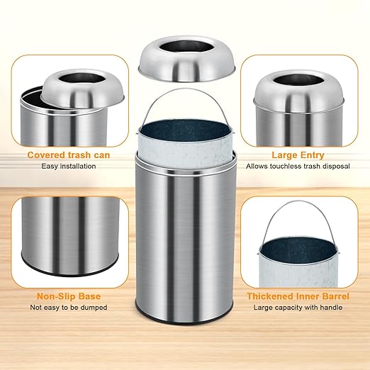Garvee 18.5 Gallon/70 Liter Open Top Trash Can, Stainless Steel Garbage Can with Removable Inner Bucket, Heavy Duty Commercial Grade Round Waste Container for Kitchen, Home, Office