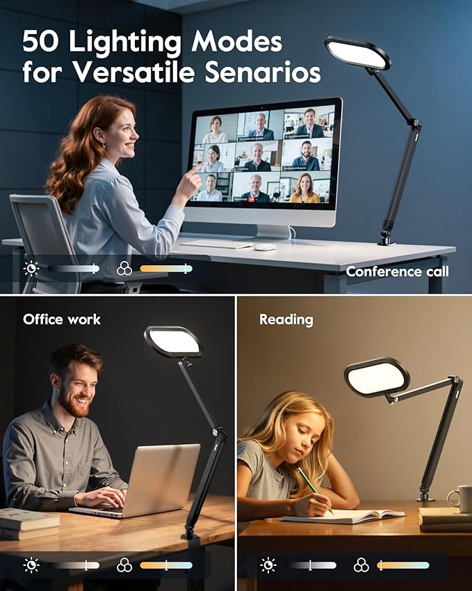 Desk Lamp for Home Office, Eye-Care Dual-Sided Seamless Dimmable LED Desk Light with Knob Remote, Adjustable Arm Clamp Computer Lighting for Video Conference Recording, Zoom Call, Task, Stream