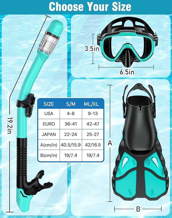 Snorkel Set with Fins for Adults, Snorkeling Gear for Adults Men and Women, Snorkle, Mask Set Adults Dry Top Snorkel Mask Combo Set with Travel Bag for Snorkeling, Diving, Swimming