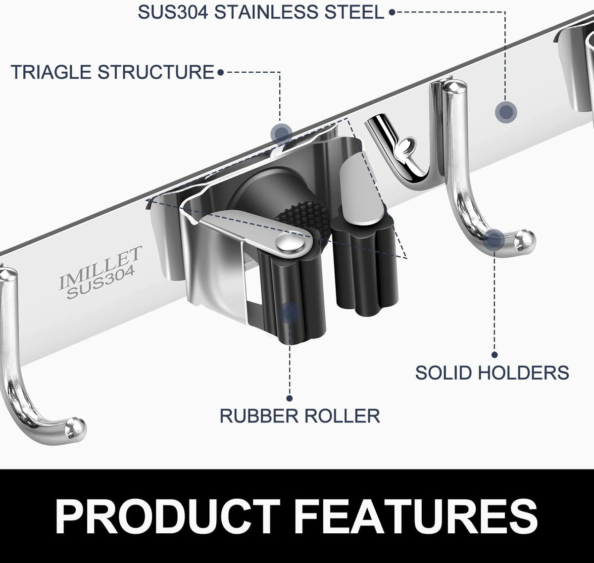 IMILLET Broom and Mop Holder Wall Mounted, Stainless Steel Broom Holder Mop Holder Self Adhesive Heavy Duty Hooks Storage Organizer for Home Laundry Room Garden Garage（3 Racks with 4 Hooks）