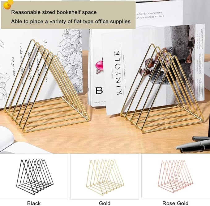 Urban Deco Triangle Desk Organizers Metal Wire Magazine Holder 7 Sections Decorative File Folder Organizer Vinyl Record Storage Office For Desk - Gold Magazine File Holder - Pack of 2