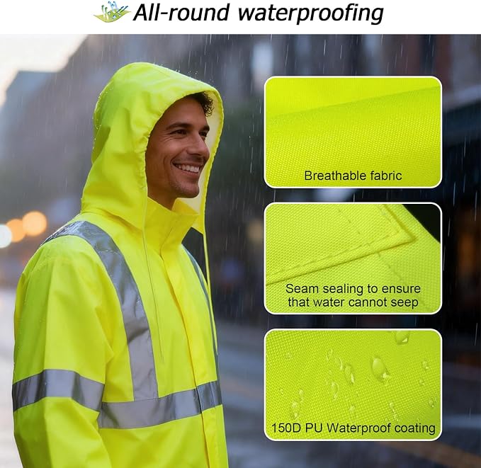 Hi Vis Rain Jacket Rain Suits for Men, High Visibility Waterproof Rain Coat with Hood, Class 3 Lightweight High Vis Rain Gear for Outdoor Activities& Safety Work, Men Women, Yellow T, L-XL