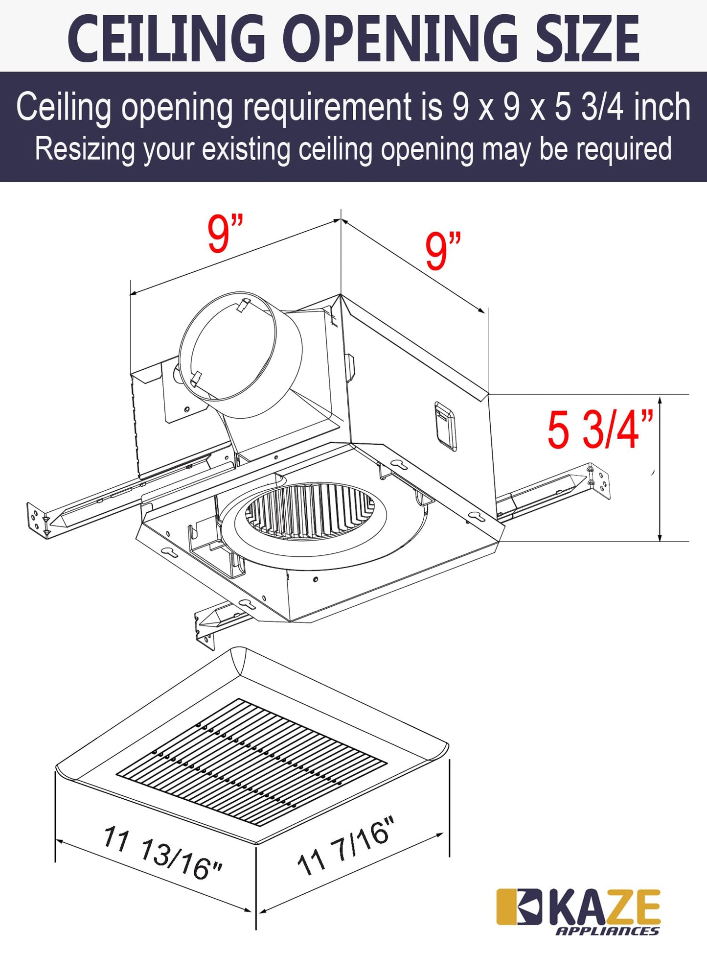 KAZE APPLIANCE SNP100 | 100 CFM | 0.8 Sone | Energy Star Certified | No Attic Access Required | Bathroom Ventilation Exhaust Extractor Fan