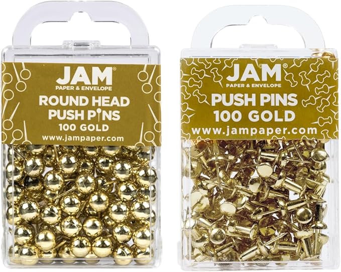 JAM PAPER Colorful Push Pins - Flat & Round Head Thumb Tack Combo Set - Gold Pushpins - 200/Pack