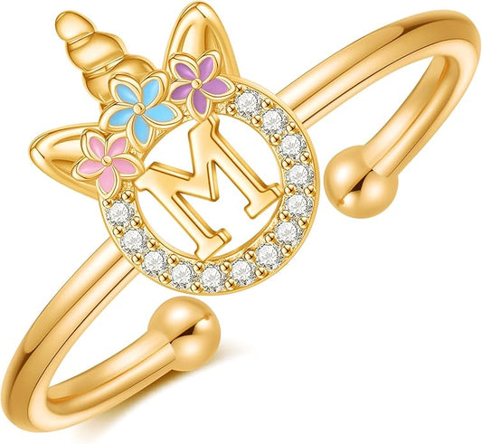 Unicorn Rings Gifts for Girls - Adjustable Initial Ring Dainty Cute Unicorn Rings for Girl Teens Little Girls Jewelry Birthday Gift