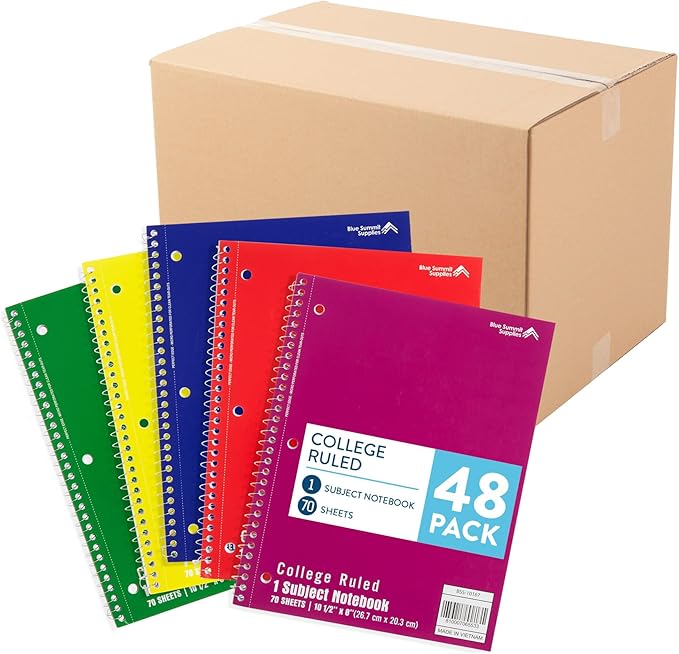 Blue Summit Spiral Notebooks Bulk, One Subject Spiral Notebook College Ruled, Perforated Notebook, 8 x 10.5 for Work and School, Paper, College Ruled, Bulk 48 Pack