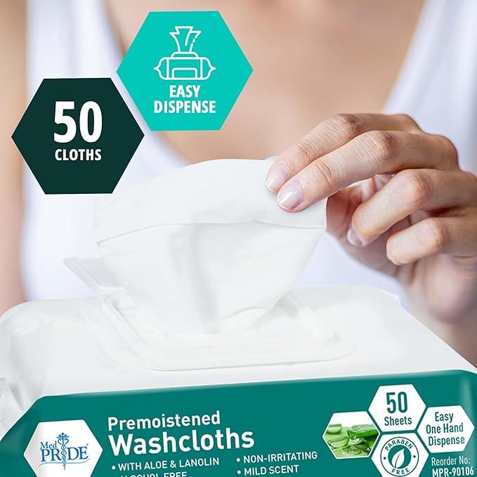 MED PRIDE 600 Count 8 X12 in Premoistened Disposable Wet Washcloths for Adults with Aloe & Lanolin Personal Cleansing Skincare Makeup Removal Travel